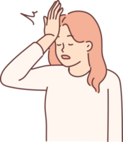 Woman makes gesture with facepalm putting palm to forehead, having learned about mistake made png