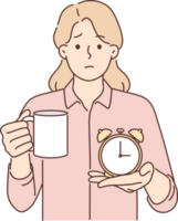 femme d'affaires avec alarme l'horloge et tasse de café des offres à prendre Pause de travail et acclamation en haut png