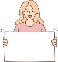 Woman holding blank white placard smiling and looking at camera demonstrating banner with copy space png