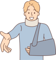 sorridente homem com quebrado braço e curativo por aí pescoço estende mão para Câmera para obrigado tratando médico png