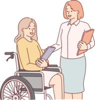 kvinna i rullstol nära kollegor vem hjälp människor med funktionshinder prestera professionell plikter png