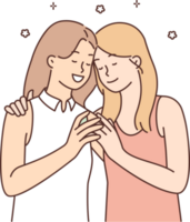 Loving lesbian couple of two women gently hugging and enjoying romantic relationships and dates png