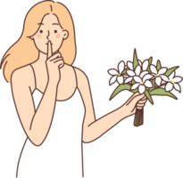 Woman with bouquet of flowers makes shh gesture with finger to lips, wanting to surprise loved one png