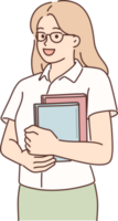 Young girl student stands with books in hands posing with glasses and looking at screen png