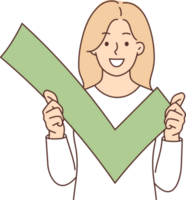 Woman holds green check mark for sign approval and successful account verification in social network png