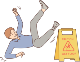 Man falls near warning sign with words caution wet floor due to negligence and inattention png