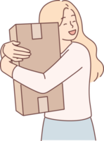 Overjoyed woman hugs cardboard box delivered by courier from online store or postal service png