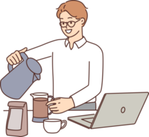 Man office worker brews coffee zero hot water from kettle at table with laptop png