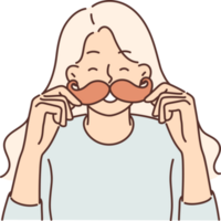 Cheerful girl puts cardboard mustache to face and laughs choosing funny mask for photo png