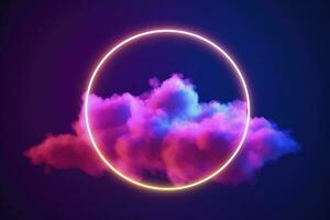 3d render, abstract cloud illuminated with neon light ring on dark night sky. Glowing geometric shape, round frame, generate ai photo