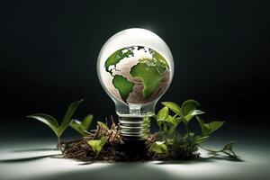 Light bulb with plant and green earth , photo
