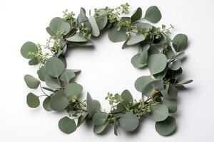 Wreath made of eucalyptus branches. Green floral frame made of eucalyptus leaves. Decorative wreath isolated on white. Minimal natural composition, botanical design, flat lay, top view. photo