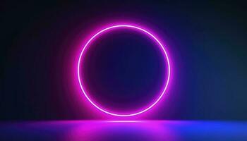 3d render, blue pink neon round frame, circle, ring shape, empty space, ultraviolet light, 80s retro style, fashion show stage, abstract background, generate ai photo