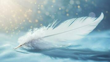 a bright blue background with one white feather, in the style of soft and dreamy pastels, glimmering light effects, nature inspired imagery, fairycore, soft focal points, generate ai photo