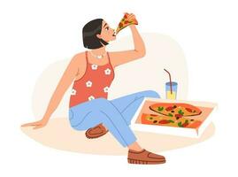 A hungry woman is eating pizza. A girl with a slice of pizza. Cartoon flat vector illustration