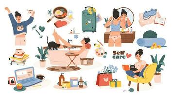 Self care. Women leisure time, relaxing bath, skin care, hobbies, reading a book, time for yourself. Daily routine. Flat cartoon vector illustration.