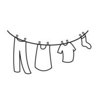 Clothesline with various type of clothing hanging and drying on it vector icon illustration isolated. Black and white monochrome simple flat outline icon drawing cartoon art style.