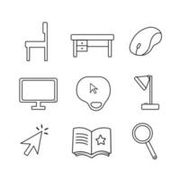 Study or workspace themed work from home vector icons set collection isolated on white square background. Simple flat outlined icon with minimalist style.