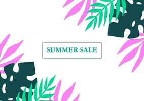 Summer tropical abstract background with copy space for text. Summer sale banner. Tropical leaves frame, cover, card, flyer. Horizontal template. vector