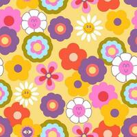 70s retro groovy hippie seamless pattern. Colorful flowers, daisies, camomiles, Y2k, 1970 good vibes, trippy. Nostalgic background, digital paper. Vector illustration.