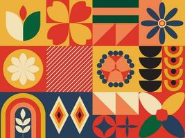 Geometric abstract mural background. Geometric mosaic, shapes, flowers, rainbow. Bauhaus pattern. Retro vintage tiles and blocks. vector