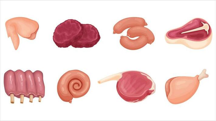 Set of eight different types of raw meat and chicken meat.