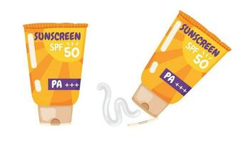 A set of cute sunscreen tubes with cream. vector