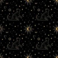 Celestial cat seamless pattern. Mystery stars, sun, moon on the black repeat background. Magic boho symbols surface design. Minimal line art. Esoteric vector illustration. Hand drawn alchemy wallpaper