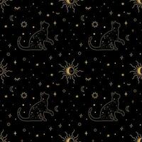 Celestial cat seamless pattern. Mystery stars, sun, moon on the black repeat background. Magic boho symbols surface design. Minimal line art. Esoteric vector illustration. Hand drawn alchemy wallpaper