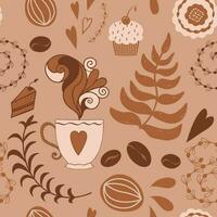 Abstract seamless vector brown coffee pattern with hand drawn doodle cafe elements Cup of coffee vintage design Background for greetings invitations wrapping paper textile tablecloth design.