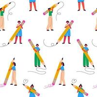 People holding big pencils seamless pattern vector illustration