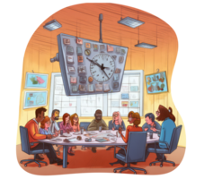 concept of effective meetings, with a diverse group of people collaborating at a modern conference table, a clear agenda displayed on a presentation screen, and a digital timer counting . png