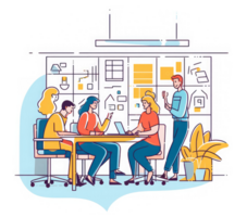 Group of people in office discussing plan, graphic illustration, UI illustration, GUI . png