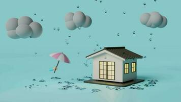 house with businessman hands holding umbrella, cloud, drop rain water, thunder isolated on blue background. protection and security concept video