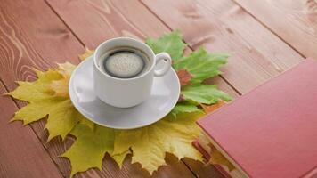 coffe cup on wooden table with book and colorful autumnal maple leaves with spinning coffee bubbles video