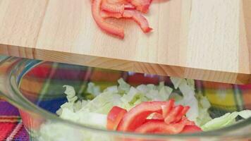 caucasian woman adding cut red bell pepper into bowl with cut chinese cabbage video