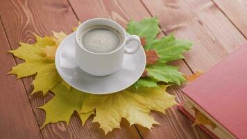 Kaffee Tasse auf hölzern Tabelle mit Buch und bunt herbstlich Ahorn Blätter mit Spinnen Kaffee Luftblasen video