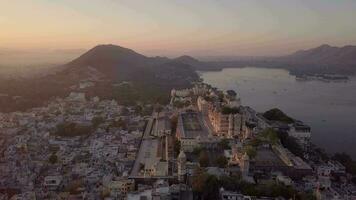 Aerial view 4k video by drone of Lake Pichola And City, Udaipur, Rajasthan, India