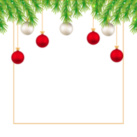 banner de mídia social de Natal com folhas de pinheiro realistas. banner de Natal com bolas vermelhas, bolas brancas. banner de feliz Natal com tipografia e flocos de neve brilhantes. elementos de natal. png