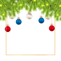 Weihnachts-Social-Media-Banner mit realistischen Kiefernblättern. Weihnachtsbanner mit bunten Kugeln, Schneeflocken. Frohe Weihnachten-Banner-Dekorationselemente mit Schneeflocken, Weihnachtskugeln und Typografie. png