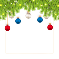 Banner de redes sociales navideñas con hojas de pino realistas. banner de Navidad con bolas de colores, copos de nieve. elementos de decoración de banner de feliz navidad con copos de nieve, bolas de navidad y tipografía. png