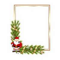 Christmas realistic frame Santa pine leaves, snowflakes, golden ball. Xmas golden frame with ribbon. Merry Christmas decoration element with red berries, lights, golden ribbon. Christmas elements. png