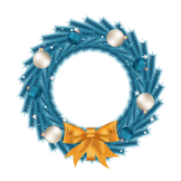 Christmas ice color wreath design with white and blue color decorative balls. Blue color wreath design with star-shaped lights and a golden ribbon. Christmas wreath design with white color calligraphy png