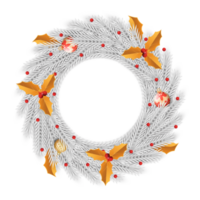 Christmas white wreath design with luxurious red and golden color decorative balls. Snow color wreath design with the 3D balls and golden leaves. Christmas white wreath design with decoration balls. png