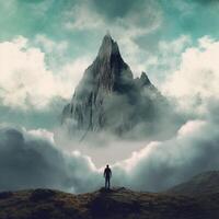 un hombre soportes en frente de un montaña con un cielo ai generado foto
