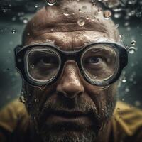 hombre cara submarino en impermeable lentes ai generado foto