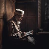 Muslim elder sitting in mosque reading Quran photo