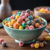 Cereal in breakfast bowl filled with mixtures photo