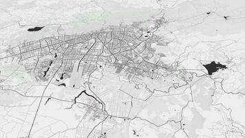 schwarz und Weiß Bogota Karte Hintergrund Schleife. Spinnen um Kolumbien Stadt Luft Filmaufnahme. nahtlos Panorama rotierend Über Innenstadt Hintergrund. video