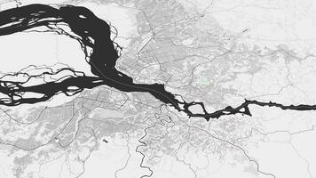 Black and white Kinshasa map background loop. Spinning around DR Congo city air footage. Seamless panorama rotating over downtown backdrop. video